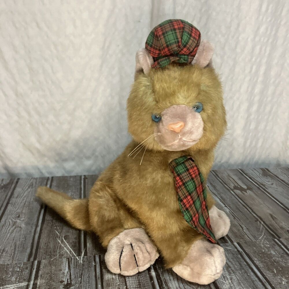 Vintage Amtraco Plush Stuff Cat Stuffed Animal Green Red Plaid Hat Tie 12"
